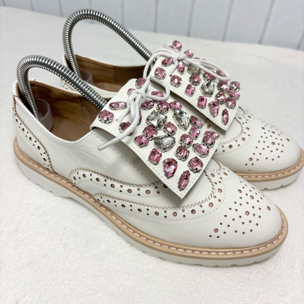 Catisa Cream Leather Brogue‎ Oxfords Pink & Silver Rhinestone Kiltie Loafers